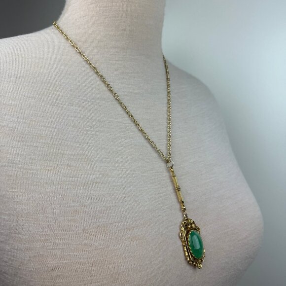 Vintage Victorian Style Drop Pendant Jadeite Bamboo Bow Flower 24" - Picture 4 of 5